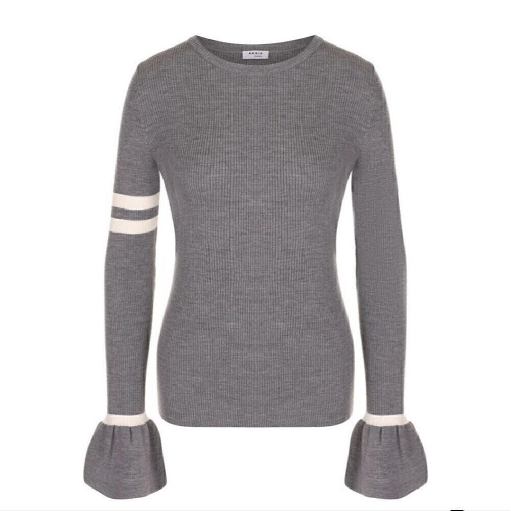 AKRIS PUNTO Gray 100% Wool Sweater Bell Cuffs Striped Detail Crew Neck Size 12